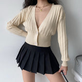 Kukombo Sexy Deep V Neck Cropped Cardigan Women Black Cardigan Ribbed Long Sleeve Cardigan Sweaters Korean Style Female Tops