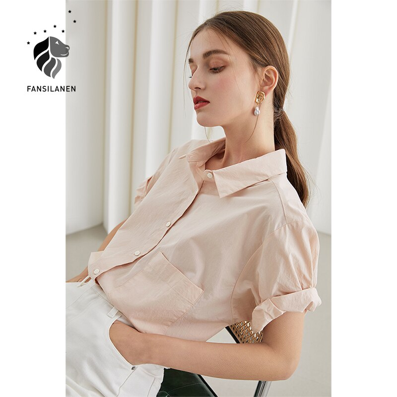 Christmas Gift FANSILANEN Office Lady Blouse Women's 2021 Summer New Style Short-sleeved Korean Loose 100% Cotton Casual POLO Collar Shirt