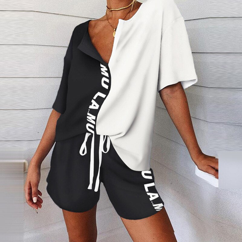 Christmas Gift Summer Fashion Women's Pajamas V-Neck Short Sleeve Tracksuit Print Splicing Sleepwear Set Nightwear Home Suit For Women Clothes