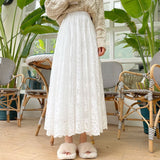 Kukombo Long Maxi Skirts For Women Spring Summer Korean Cute Princess Style Elastic High Waisted A-Line Floral Lace Skirt White Black