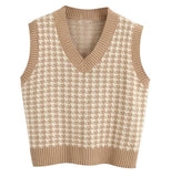 Kukombo Autumn Winter Women Sweater Vest Houndstooth Loose Knitted V-Neck Sleeveless Chic Top Fashion Vintage Sweater Female Waistcoat