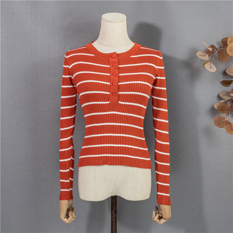 Christmas Gift New 2021 Winter Spring Women Sweater Buttons Knitted Pullovers Striped Casual Fashionable Wild Ladies Tops SW1696