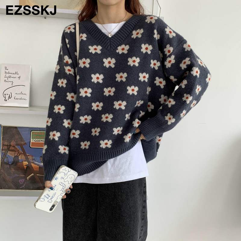 Christmas Gift oversize blue floral Sweater Pullovers Women winter autumn thick v-neck chic 2021 sweater long sleeve sweater top