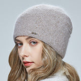 Christmas Gift Women hat  Knitted double layer for warmth Angora wool Front diamond decoration For girl Three-dimensional sewing