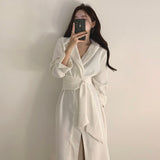 Kukombo 2022 Spring Autumn Women Elegant Turn-Down Collar Tie Waist Shirt Dress High Fork Slim Casual Button Solid Ladies Clothes