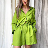 Kukombo  Women Two Piece Set Casual Long Sleeve Turn-Down Collar Cotton Linen Loose Blouse Shirts And High Waist Shorts Retro Tracksuit