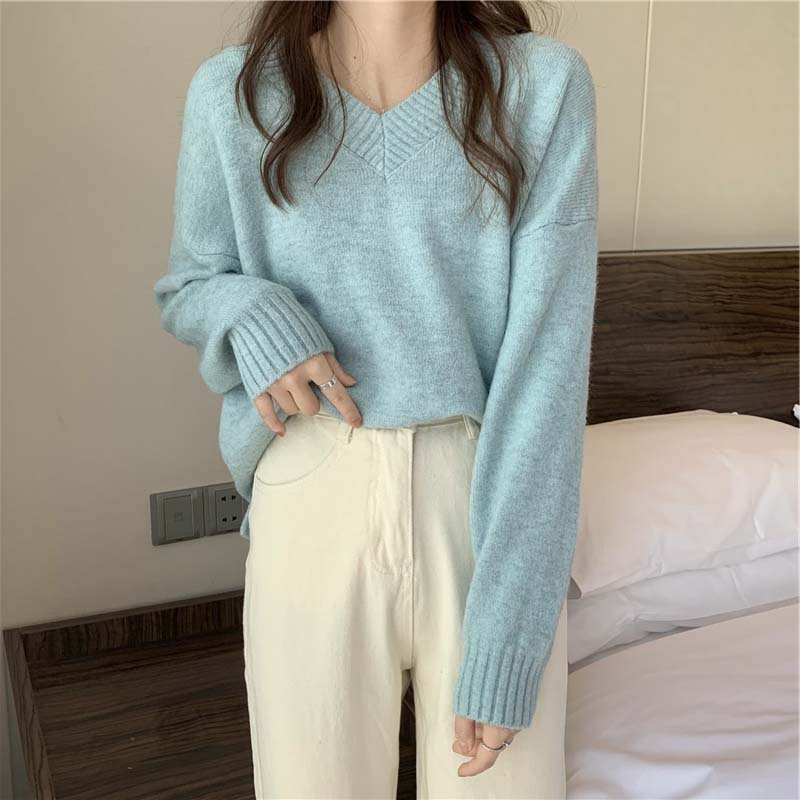Kukombo Yitimoky Sweater Women Korean Style Autumn Winter Pullovers Loose Casual V-Neck Knitted Top Solid Long Sleeve Vintage Clothing