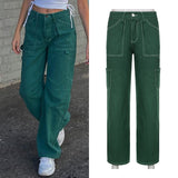 Kukombo Vintage Khaki Wide Leg Cargo Jeans High Waist Big Pockets Baggy Denim Trousers Casual Oversized Pants Street Sweatpants