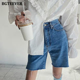 Christmas Gift BGTEEVER Casual Summer Half Denim Shorts for Women High Waist Loose Pockets Female Straight Jeans Shorts 2021 Ladies Streetwear
