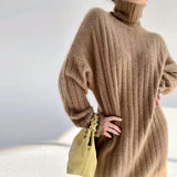 Kukombo Christmas Gift Women Autumn Winter Turtleneck Casual Midi Knitted Dress Long Sleeve Loose Elegant Sweater Vestidos Femme Fashion Outerwear Robe