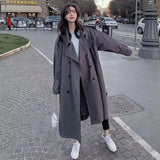 Christmas Gift Woman Long Coat Korean Preppy Style Retro Versatile Windbreaker Casual Loose Grey Fashion Coat Oversize 2021 Autumn Women Coat
