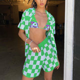 Kukombo  2022 Casual Knit Lounge Wear Women Tracksuit Summer Shorts Set Green Plaid Shirt Tops And Mini Loose Shorts Two Piece Set