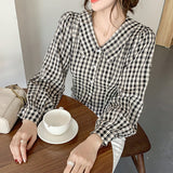 Kukombo Vintage Plaid Blouse Women Summer Autumn Puff Sleeve Crop Tops And Blouses Plus Size Loose Shirts Chemise Femme