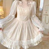 Kukombo Vintage Fairy Dress Women Elegant French Long Sleeve Lace Princess Dress Autumn High Waist Korean Party Dress Casual Sweet