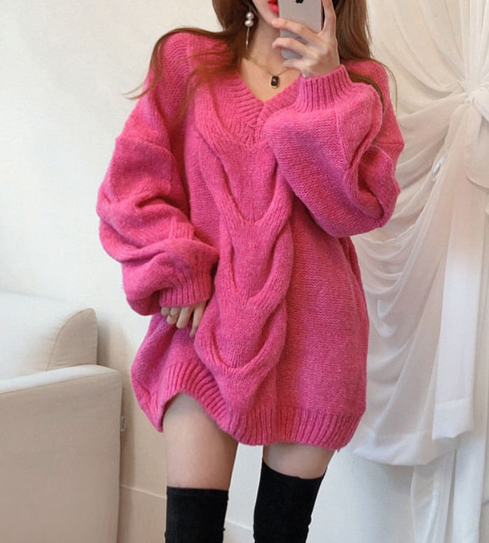 Christmas Gift Women Sweater Pullover 2021 Female Knitting Overszie Long Loose Elegant Knitted Thick Outerwear Woman Winter Sweaters Pink White