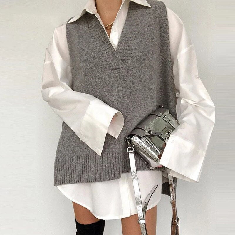 Kukombo Houndstooth Vest Sweater Women 2023 New Casual V Neck Sleeveless Jumper Knitted Korean Pullover Loose Female Tops