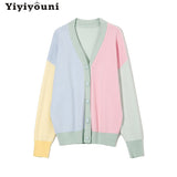 Christmas Gift Yiyiyouni Striped V-Neck Knit Cardigan Women Autumn Winter Single Breasted Loose Fitting Sweaters Female Casual Soft Knitwear