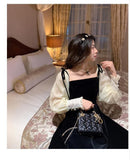 Graduation Gift Big Sale 2023 Spring Black Velvet Dress Women Square Collar Vintage One Piece Dress Korean Office Lady Elegant Midi Dress Party Evening