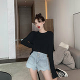 Kukombo Long Sleeve T-Shirts Women Spring Solid Loose Crop Top Sexy New Trendy Leisure Girls T-Shirt Korean Stylish Teens All-Match Chic