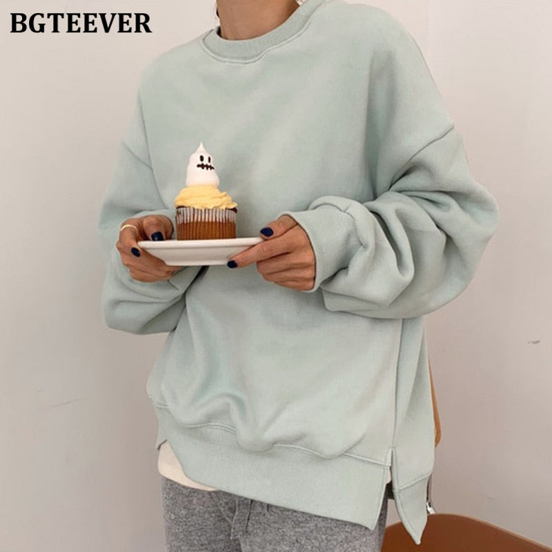 Christmas Gift BGTEEVER Autumn Winter Thicken Loose Women Sweatshirts 2021 Casual O-neck Long Sleeve Split Solid Female Pullovers Tracksuit