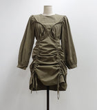 Christmas Gift Korean Chic French neck dress woman Pleated Design Waist Down Slim Irregular Drawstring Bubble Sleeve Dress