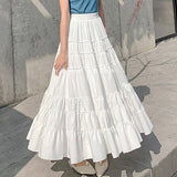 Kukombo Summer Skirts Women Fashion Cute Frilly Stitching High Waist A-Line Ruffle Long Midi Chiffon Skirt White Black