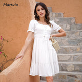 Christmas Gift Marwin Long Simple Casual Solid Draw String Puff Sleeve Holiday Style High Waist Fashion Knee-Length Summer Dresses NEW Vestidos