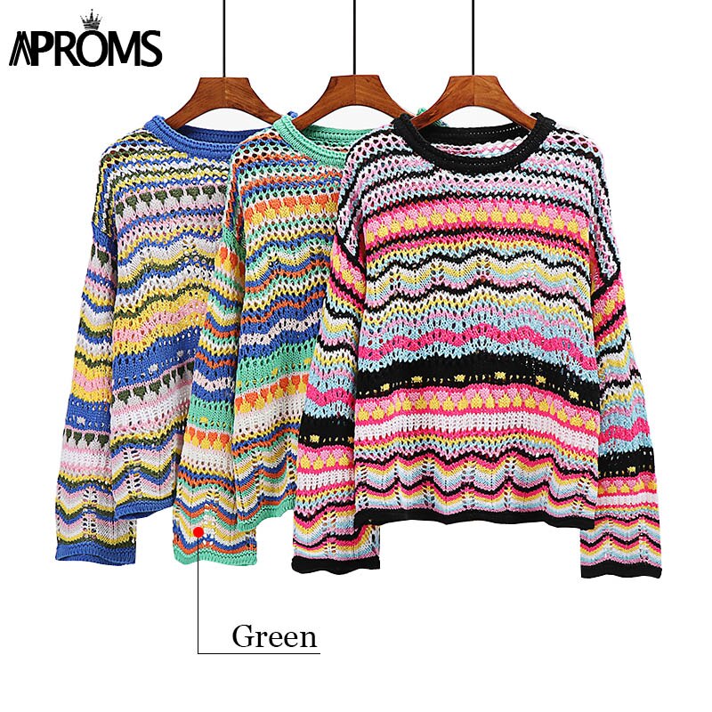 Kukombo Back To School Christmas Gift Aproms Elegant Rainbow Stripe Knit Sweater Autumn Women's Pullovers Casual Long Sleeve Hollow Out Jumper Streetwear Fashion Top