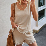Kukombo  Summer Beach Two Piece Set Women Tassel Tracksuit Loungewear Casual Sleeveless Tops + Slim Shorts Suit Elegant Woman Set Outfits
