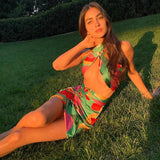 Kukombo 2023 Sexy Print Tracksuit Woman Two Piece Boho Outfit Suits Halter Bandage Tanks And Ruched Drawstring Midi Skirts Matching Sets
