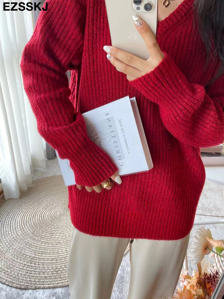 Christmas Gift cashmere Autumn Winter v-neck thick oversize Sweater pullovers Women 2021 LOOSE  sweater pullovers female Long Sleeve