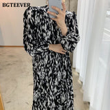 Christmas Gift BGTEEVER 2021 Spring New Stand Collar Women Full Sleeve Dress Elegant Hit Color Female Lace-up Printed Midi Dress Vestidos