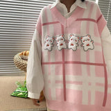 Kukombo Sweet Pink V-Neck Sweater Vest Women Autumn Japanese Loose Knitted Vest Woman New Fashion Cartoon Outwear Tops
