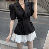 Christmas Gift 2PCS Women Summer 2021 Blazer Coat + Short Skirts Sets Elegant Short Sleeve OL Suits Korean Ladies Clothing Set Female 9397#