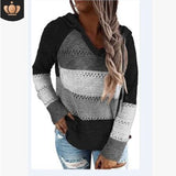 Kukombo 2022 New Female Hoodies Autumn Women Patchwork Hooded Sweater Long Sleeve V-neck Knitted Sweater Casual Striped Pullover Jumpers