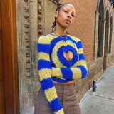 Kukombo Heart Shape Hollow Out Sweaters Sweet Cute Sexy Long Sleeve O-Neck Knitted Pullovers Women Winter Casual Streetwear