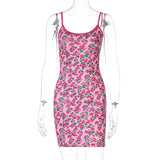 Kukombo Floral Print Women Strap Mini Dress Bodycon Slim Backless Streetwear Party Club Summer Vintage Cute