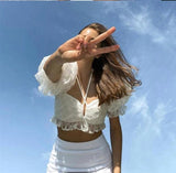 Kukombo Sweet Girl Slim Crop Top Female Mesh Fabric Elegant Preppy Style Tshirt Casual Vacation Lace Top