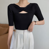 Kukombo New 2023 Women Summer T-Shirt Bottoming Basic Solid Fashionable Knitted Cutout Korean Style Wild Lady Tops