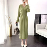 Women Knitted Sweater Maxi Dresses Autumn Winter A-line Casual Long Sleeve Vestido Office Fashion Korean V Neck Midi Robe