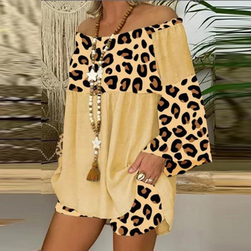 Kukombo Summer Vintage Leopard Patchwork Outfits Set Cotton Linen Shirt Tops And Loose Shorts Suit Casual 3/4 Sleeve Women Two Piece Set-1104