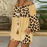 Summer Vintage Leopard Patchwork Outfits Set Cotton Linen Shirt Tops And Loose Shorts Suit Casual 3/4 Sleeve Women Two Piece Set-0406