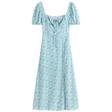 Christmas Gift FANSILANEN Office Lady French Floral A-line Dress Summer 2021 New Style Square Neck Blue Yellow Long Skirt Women Sweet Style