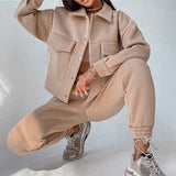 Kukombo  Women Casual Two Piece Sets Autumn Winter Fashion Female Warm Suits Turn-Down Collar Jacket And Drawstring Trouser Tracksuits