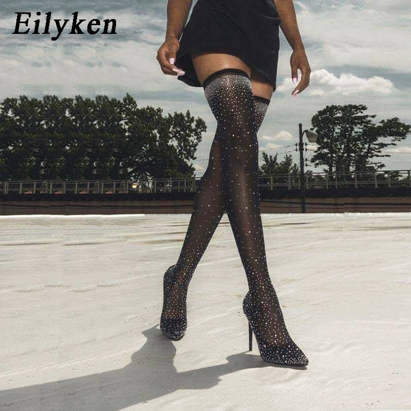 Christmas Gift Eilyken 2022 Fashion Runway Crystal Stretch Fabric Sock Boots Pointy Toe Over-the-Knee Heel Thigh High Pointed Toe Woman Boot