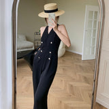 Summer Elegant Woman White Jumpsuits Outfit Office Overalls Vintage Double-Breasted V-Neck Sleeveless Halter Rompers Playsuits