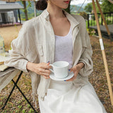 Christmas Gift New 2021 Summer Autumn Women's Jacket Stand Collar Casual Pockets Cargo Cotton and Linen Zipper Short Tops JK8196