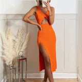 Kukombo Stylish Chic Front Hollow Out Orange Midi Dress Women 2021 Fashion V-Neck Side Split Strap Dress Female Elegant Vestidos