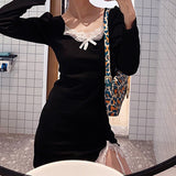 Kukombo Lace Bow Patchwork Split Dress Vintage 90s Aesthetic Milkmaid Korean Bodycon Dress Female Kawaii Cute Clothes