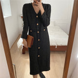 Christmas Gift Women Long Sleeve Shirt Dresses V-Neck Single Breasted Tweed Vestidos Female Vintage Hepburn Elegant Loose Maxi Clothes Robe
